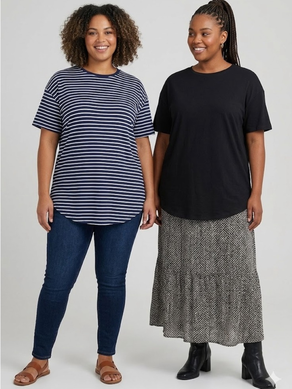 Time and Tru Women's Black Crewneck Tee and Navy White Striped Tunic Set